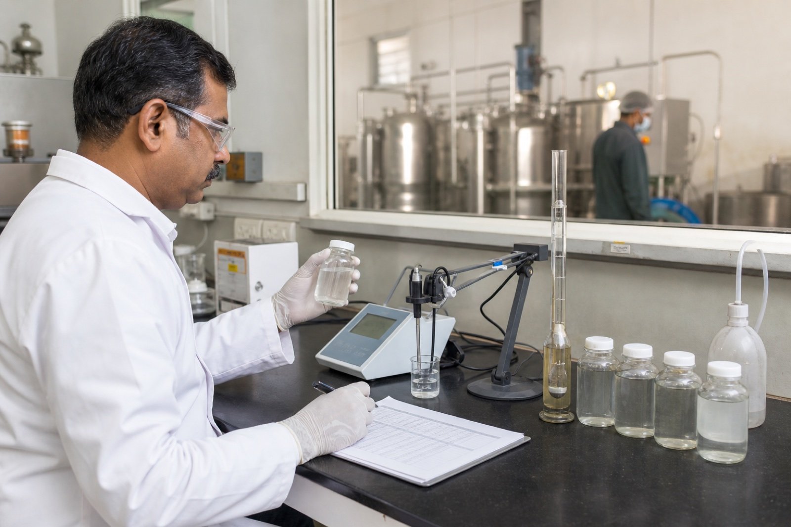 Everklin quality analyst reviewing a production batch before release