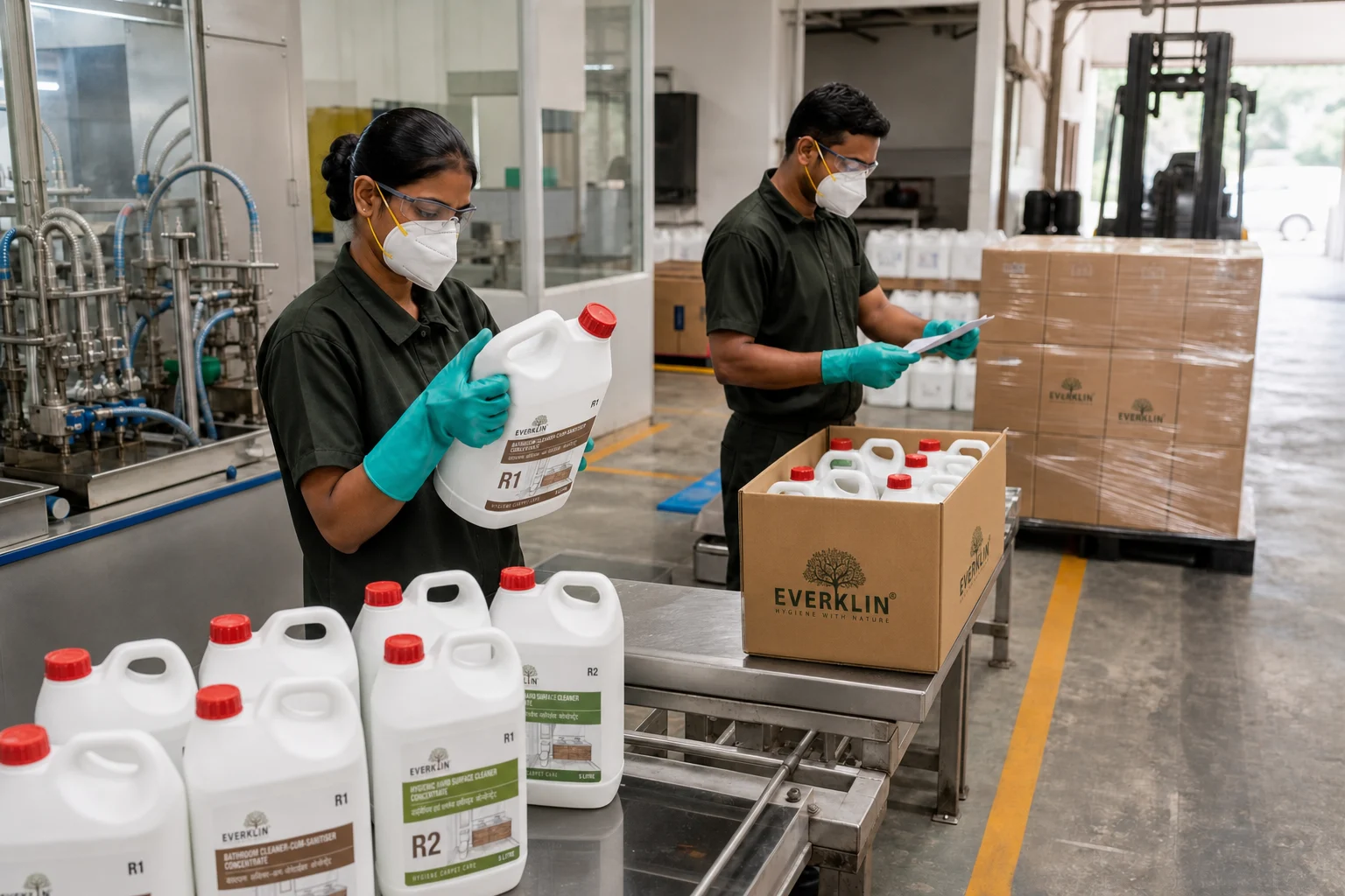 Everklin team inspecting R1 and R2 finished products beside branded dispatch cartons