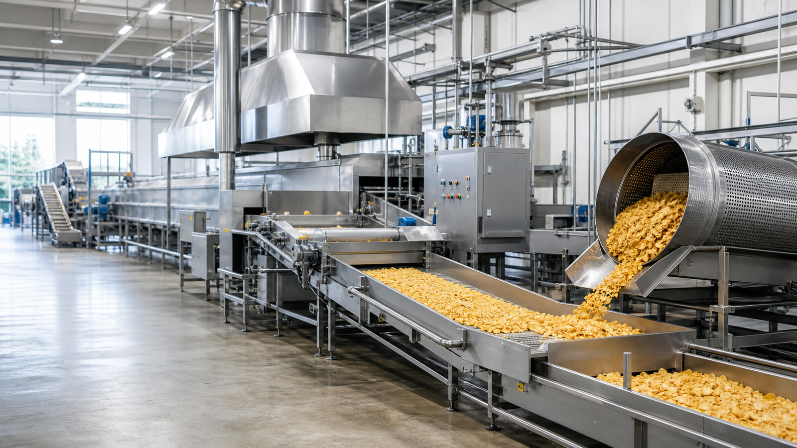 Modern industrial snacks processing line with continuous fryer, seasoning drum and stainless conveyors