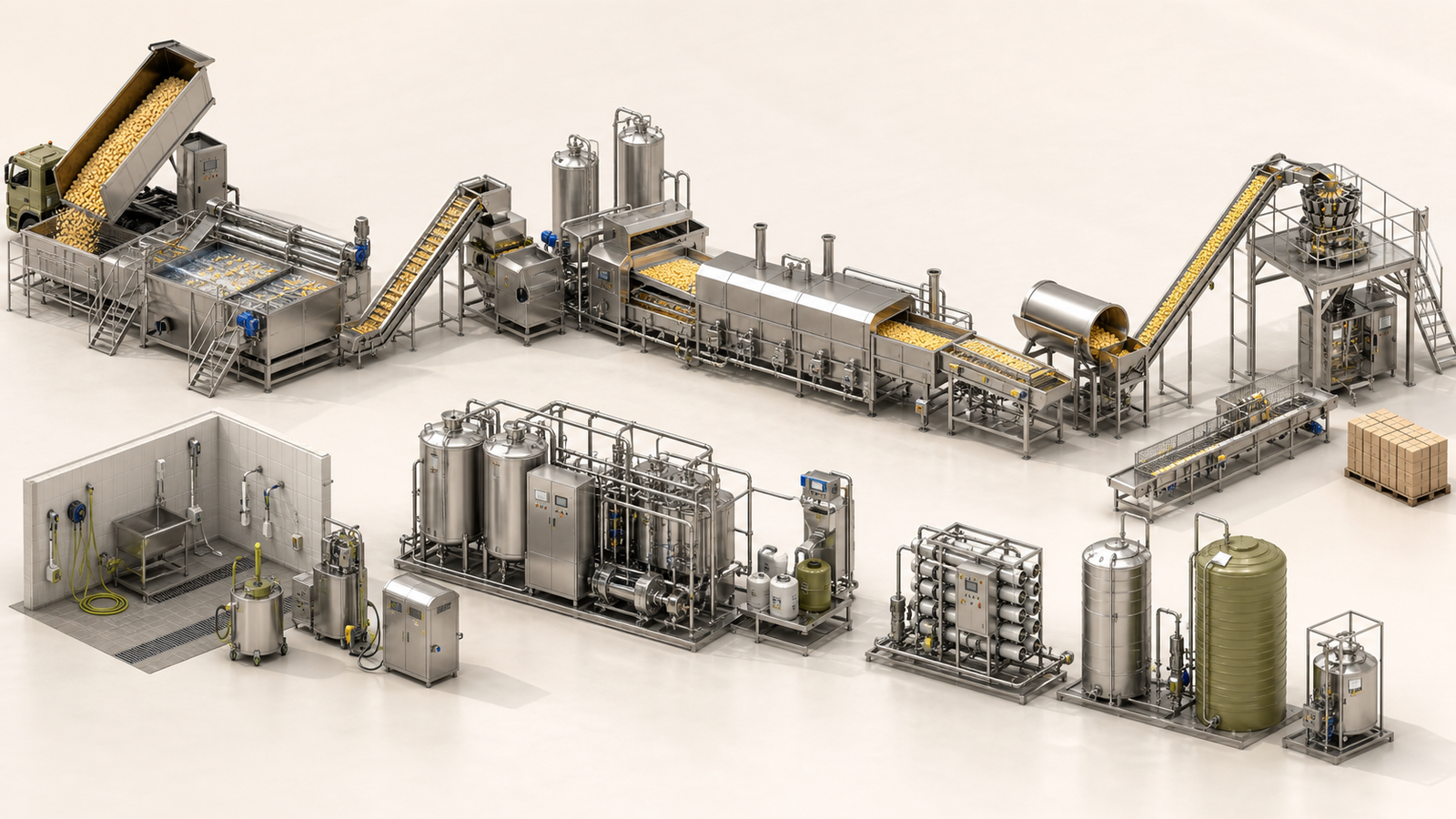 Isometric snacks processing line with preparation, continuous fryer, cooling, seasoning, conveyors, CIP and packaging