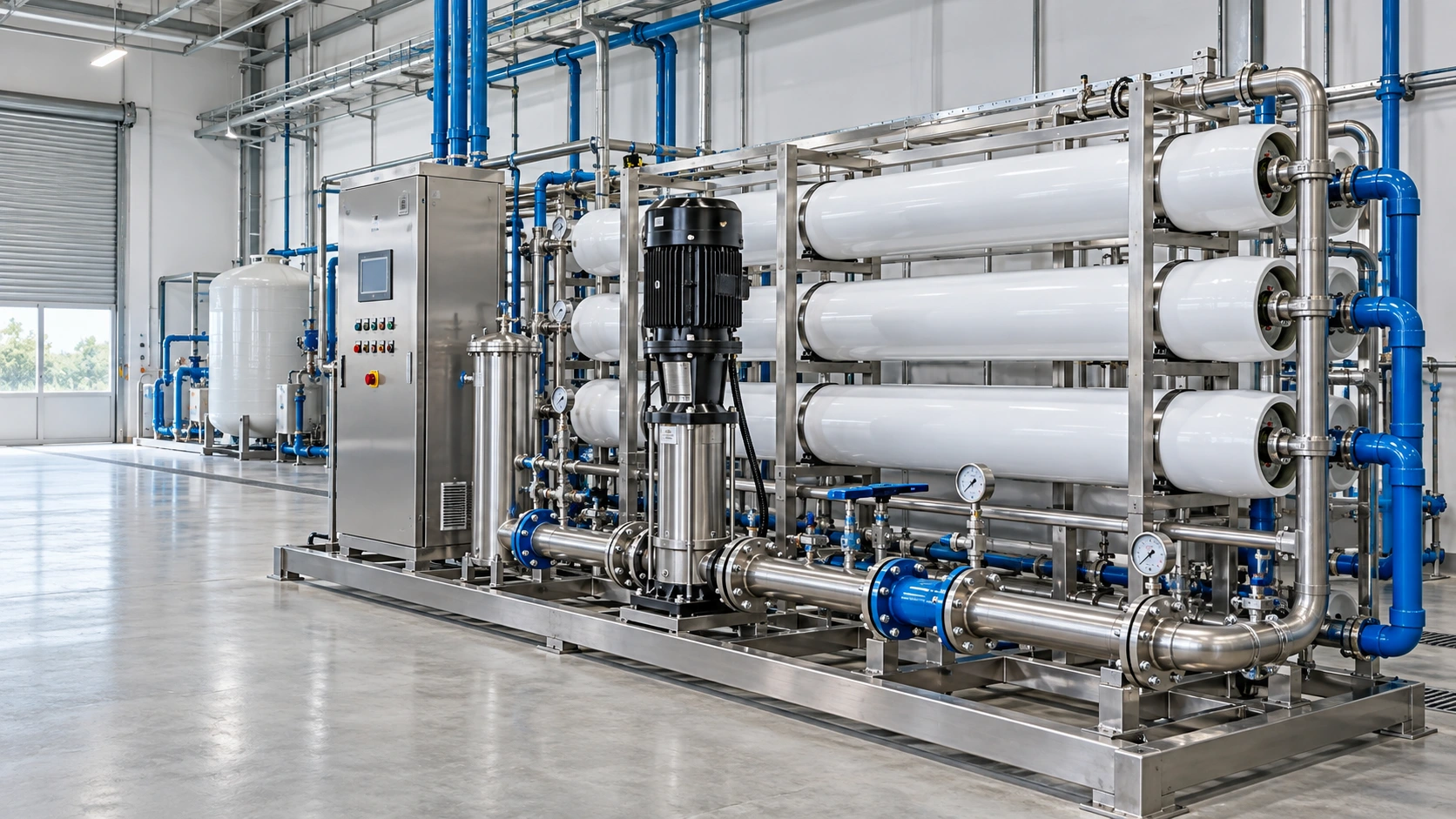 Photo-style industrial reverse osmosis skid with membrane vessels, pump and control cabinet — illustrative visual