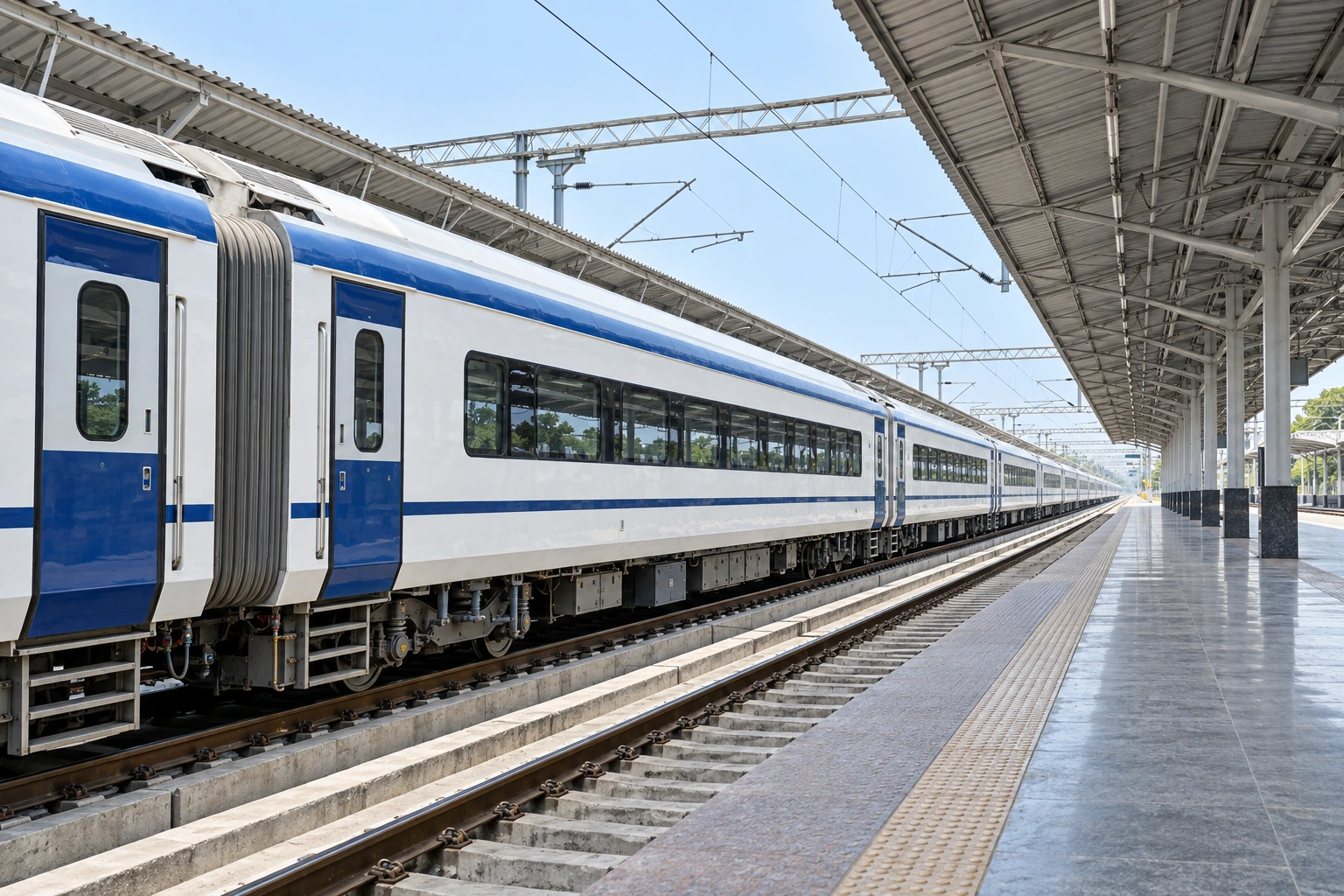 Modern passenger train and clean railway platform — illustrative visual