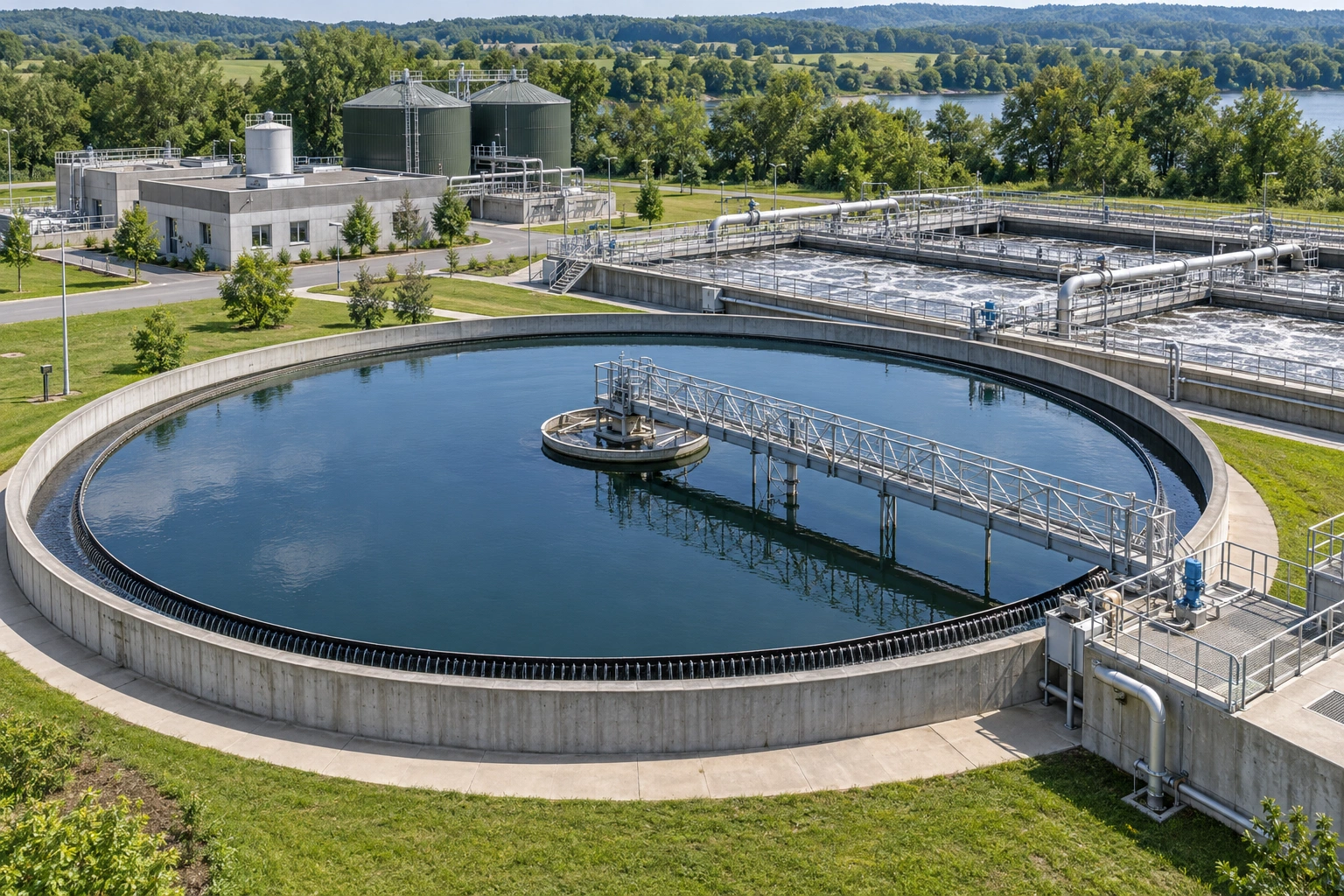Water treatment clarifier and aeration basins — illustrative visual