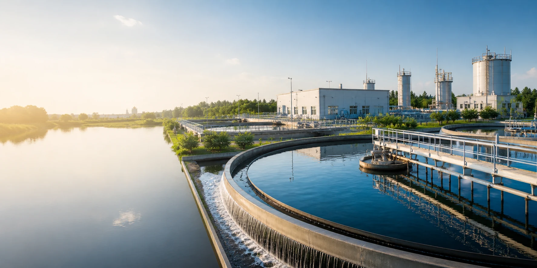 Industrial water treatment facility with clarifiers and process infrastructure