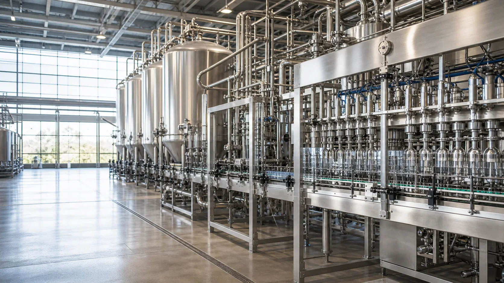 Hygienic beverage production line with stainless processing equipment