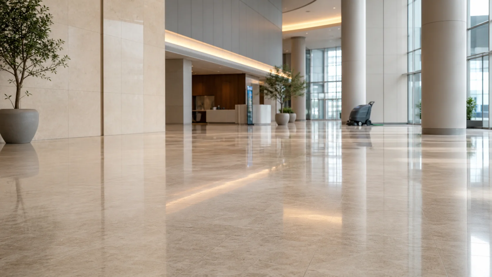 Professional scrubber dryer in a polished institutional lobby
