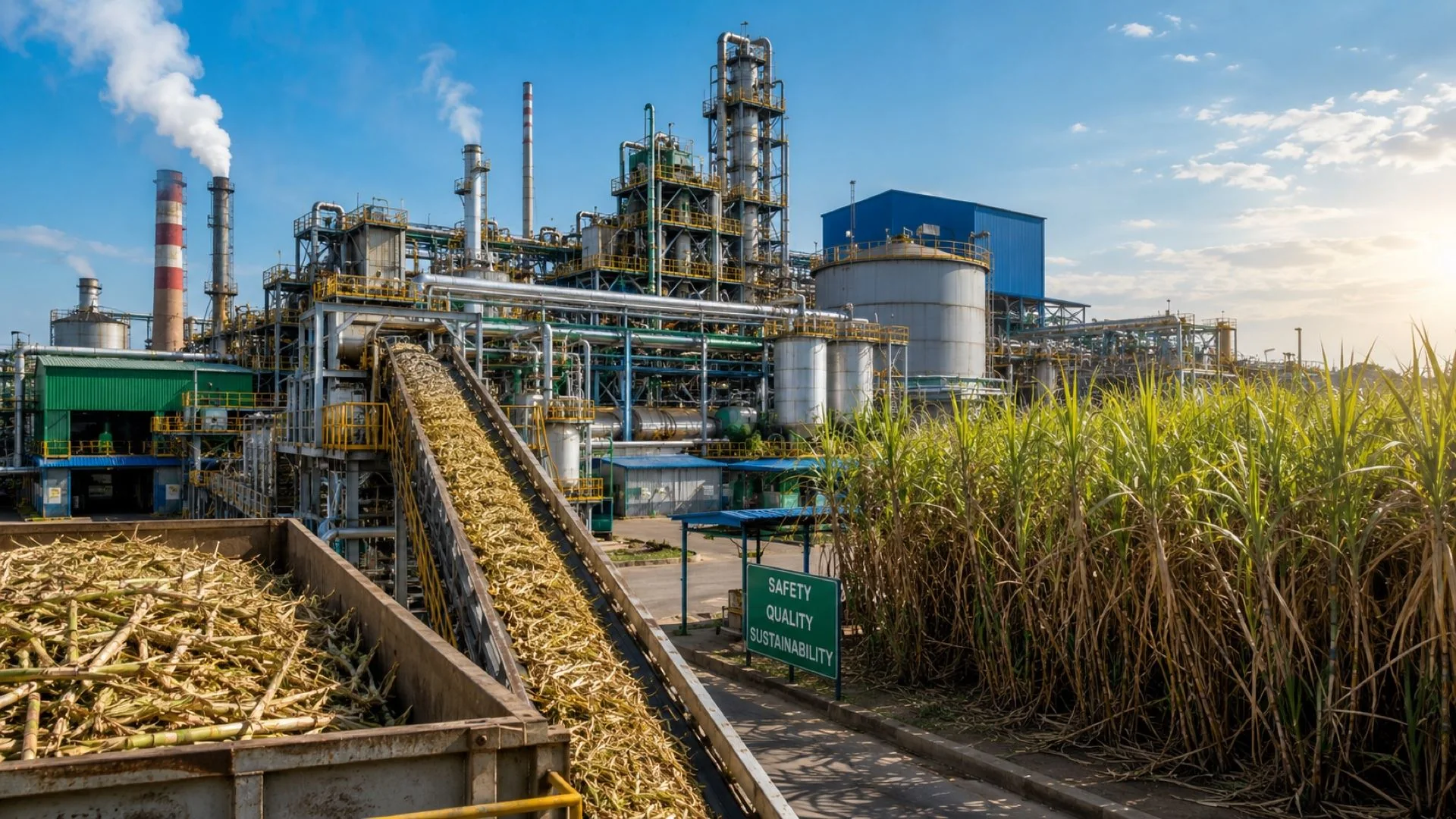 Large-scale industrial sugar processing plant with conveyors and process equipment