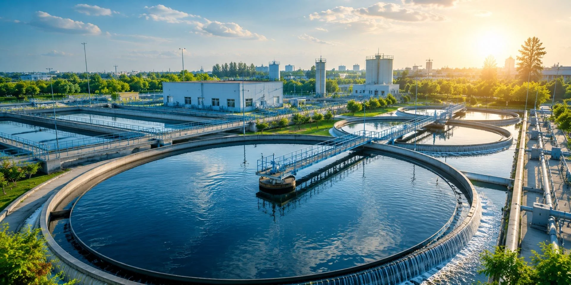Advanced industrial water treatment plant with clarifiers and process infrastructure