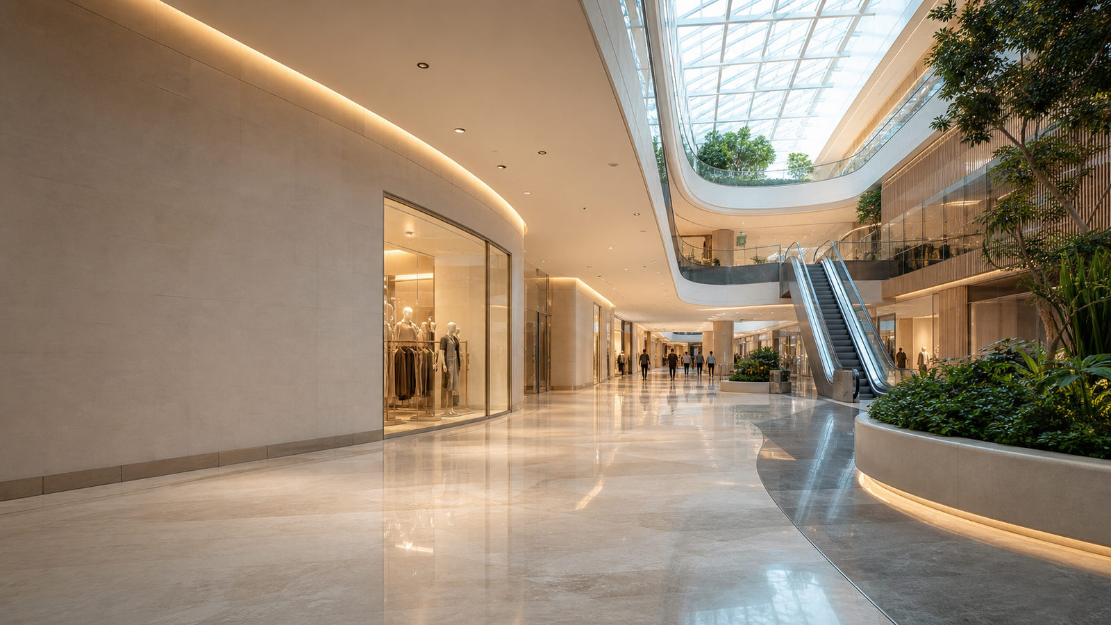 Premium shopping mall concourse with public facility care environment