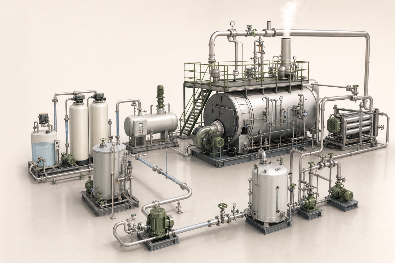 Realistic three-dimensional boiler cycle with pretreatment, feedwater, deaerator, boiler, steam and condensate return