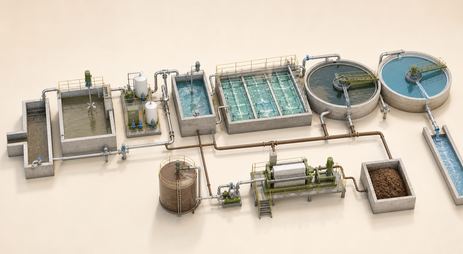 Realistic three-dimensional effluent treatment plant with equalisation, dosing, biological treatment, clarification and sludge dewatering