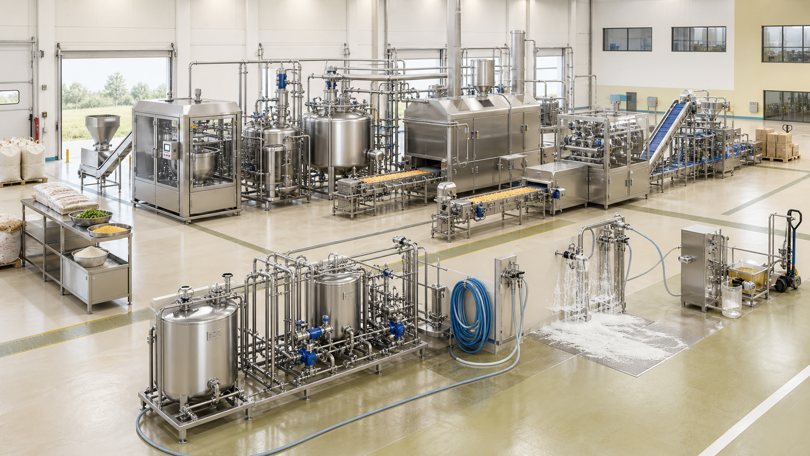 Realistic three-dimensional food processing line with preparation, mixing, thermal processing, fryer, CIP, foam cleaning, packaging and sanitation equipment