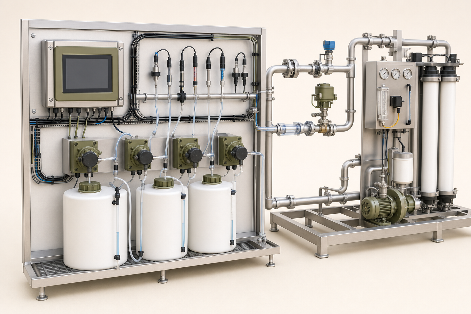 Realistic three-dimensional online dosing and monitoring system with controller, sensors, tanks, pumps and process loop