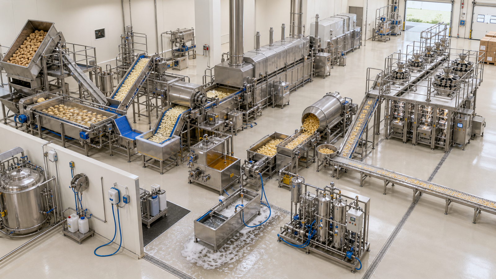 Realistic three-dimensional snacks processing line with preparation, fryer, cooling, seasoning, conveyors, packaging and CIP equipment