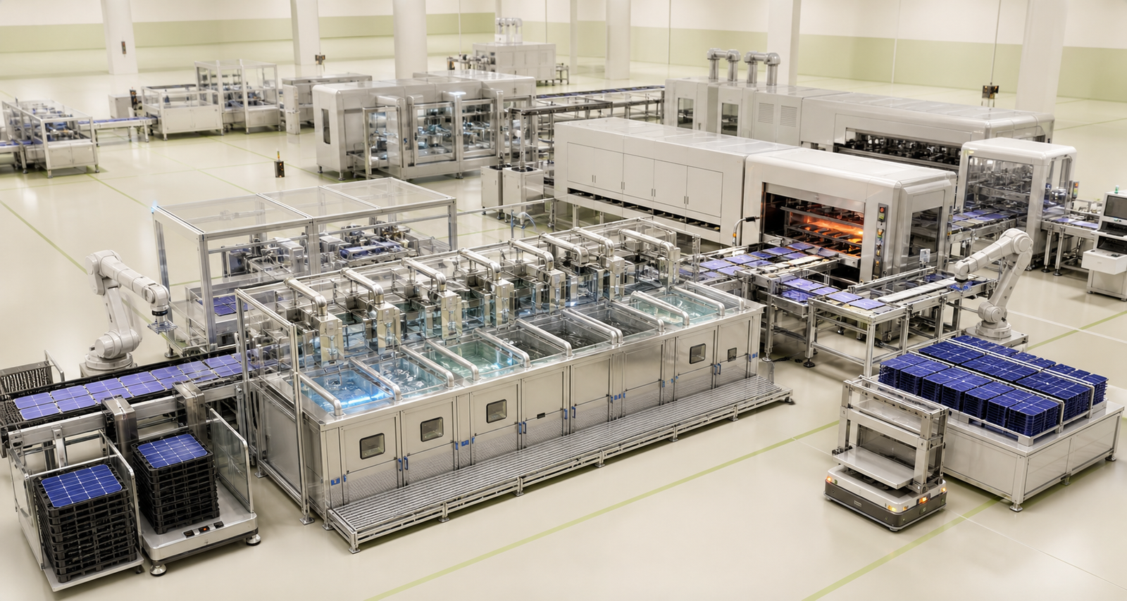 Realistic three-dimensional solar cell manufacturing line with wafer handling, wet benches, thermal processing and inspection