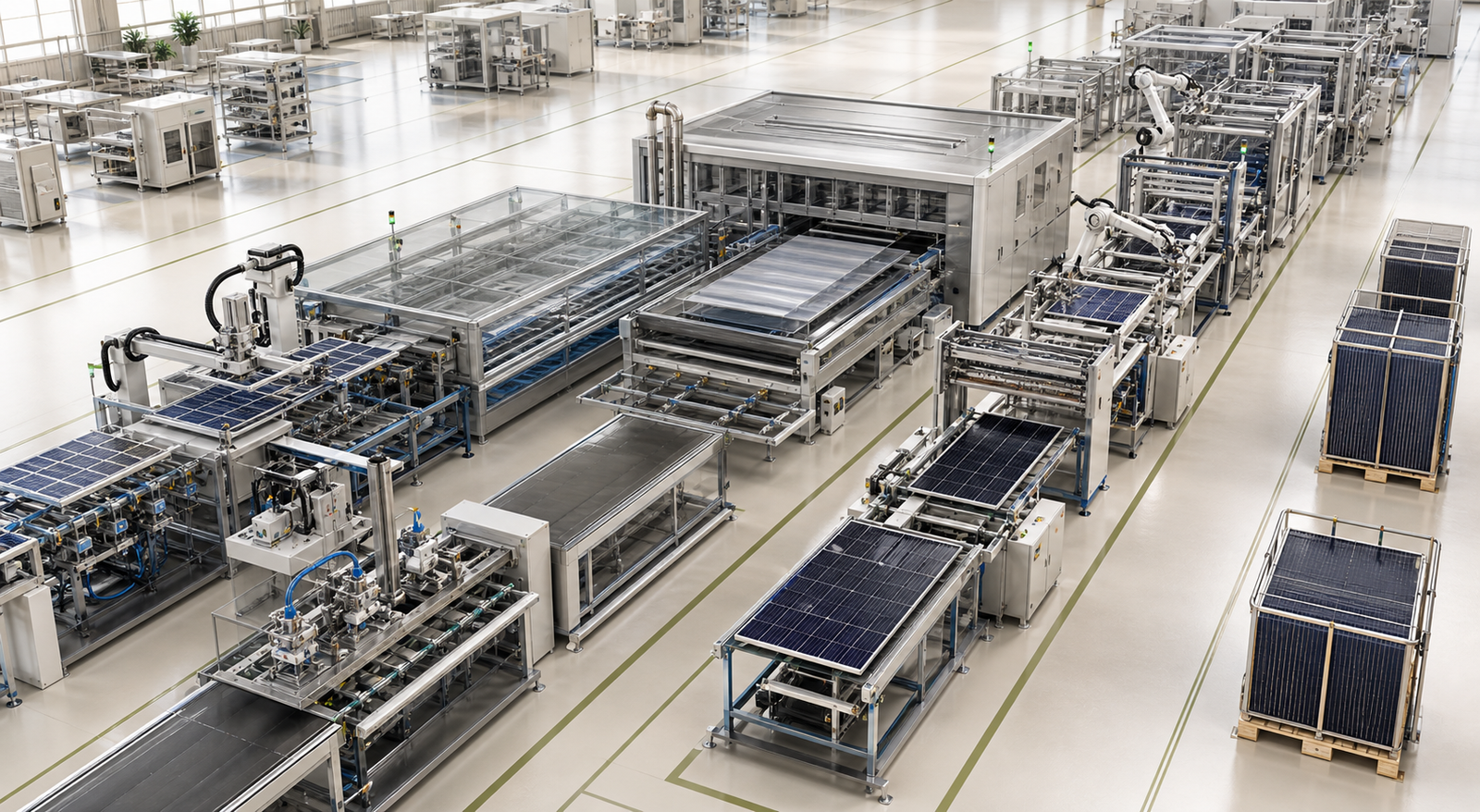 Realistic three-dimensional solar module assembly line with stringing, glass preparation, lay-up, lamination, framing and inspection