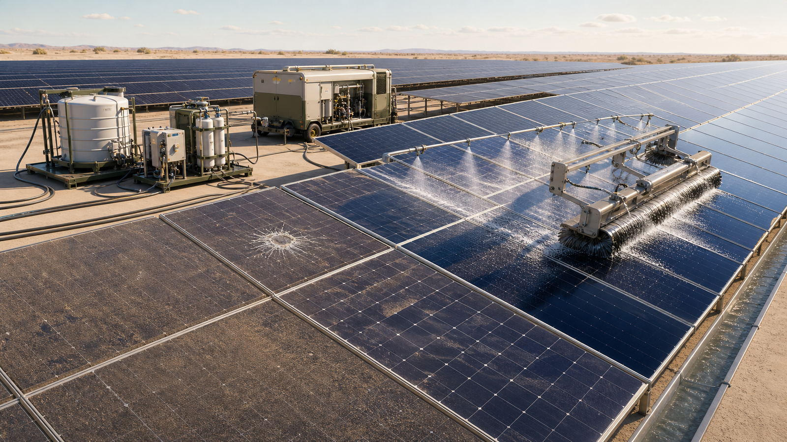 Realistic three-dimensional utility solar array with soil inspection, water preparation, dosing, mechanised brush cleaning and rinsing