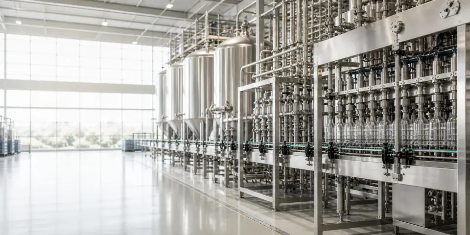 Hygienic beverage production line with stainless processing equipment