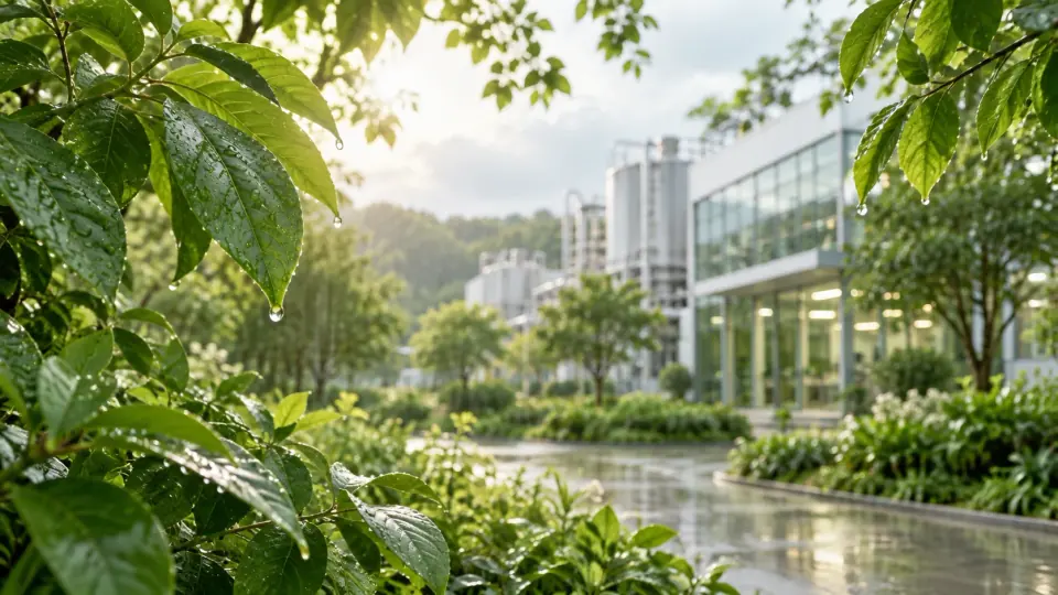 Rain-fresh green foliage surrounding a responsible chemistry and manufacturing campus