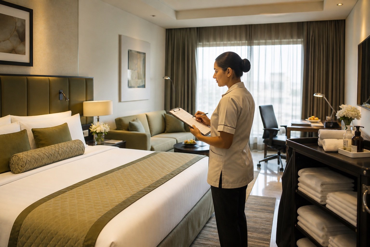 Hotel housekeeping team maintaining guest room hygiene standards