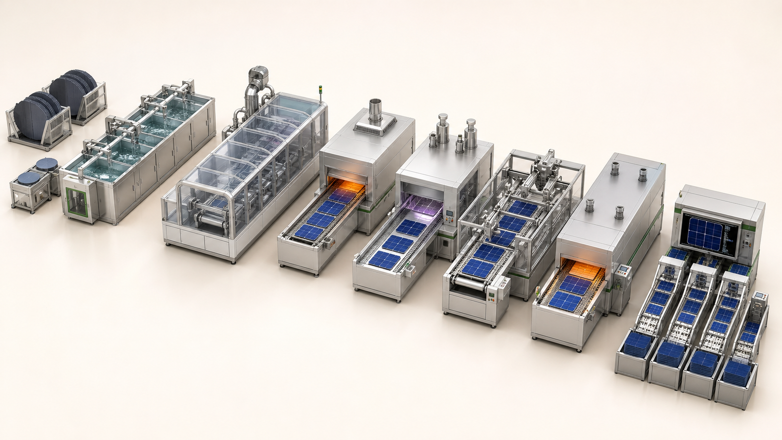 Isometric solar cell manufacturing process with wafer cleaning, wet processing, thermal stages, metallization and inspection