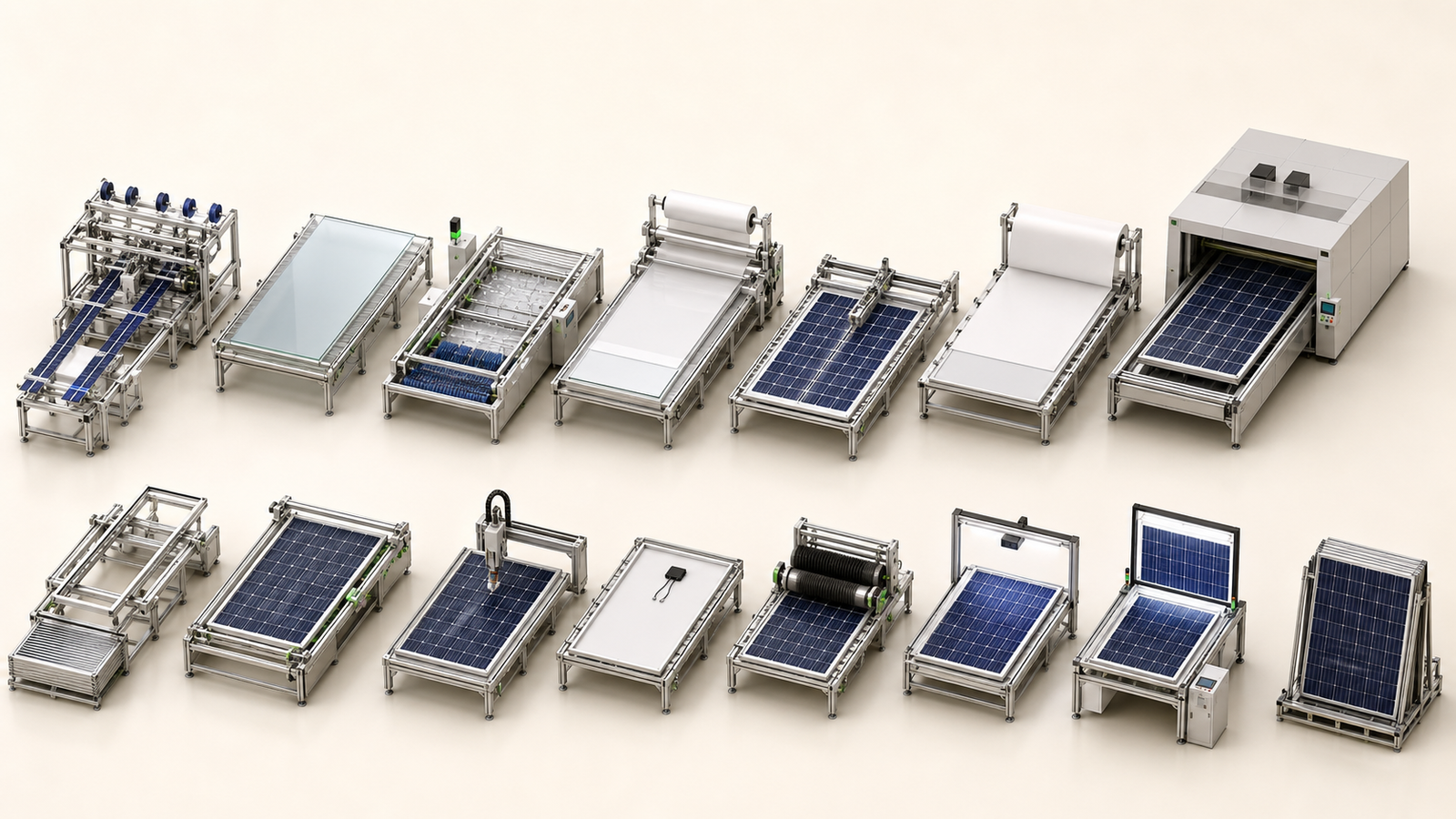 Isometric solar module assembly process with stringing, glass preparation, lay-up, lamination, framing, sealant and inspection