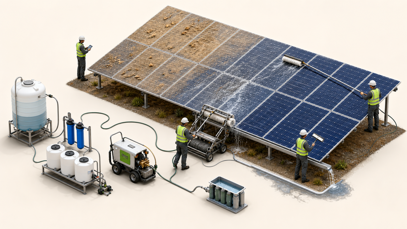 Isometric installed solar array showing inspection, soil assessment, cleaning preparation, application, brushing, rinsing and final surface check