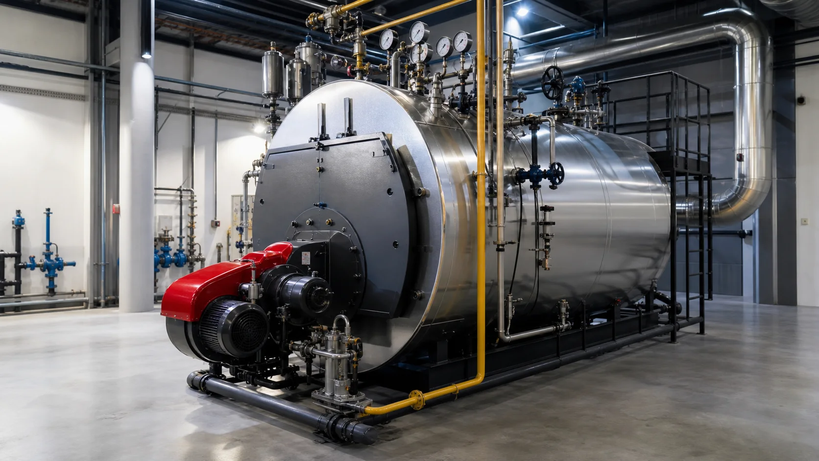 Industrial steam boiler, valves and process piping