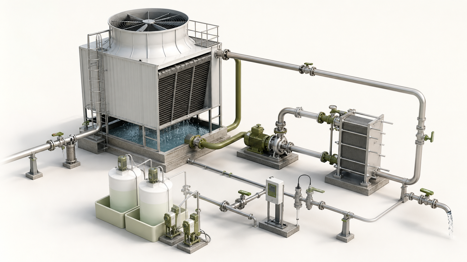 Isometric open recirculating cooling-water system with tower, basin, pump, heat exchanger and monitoring loop