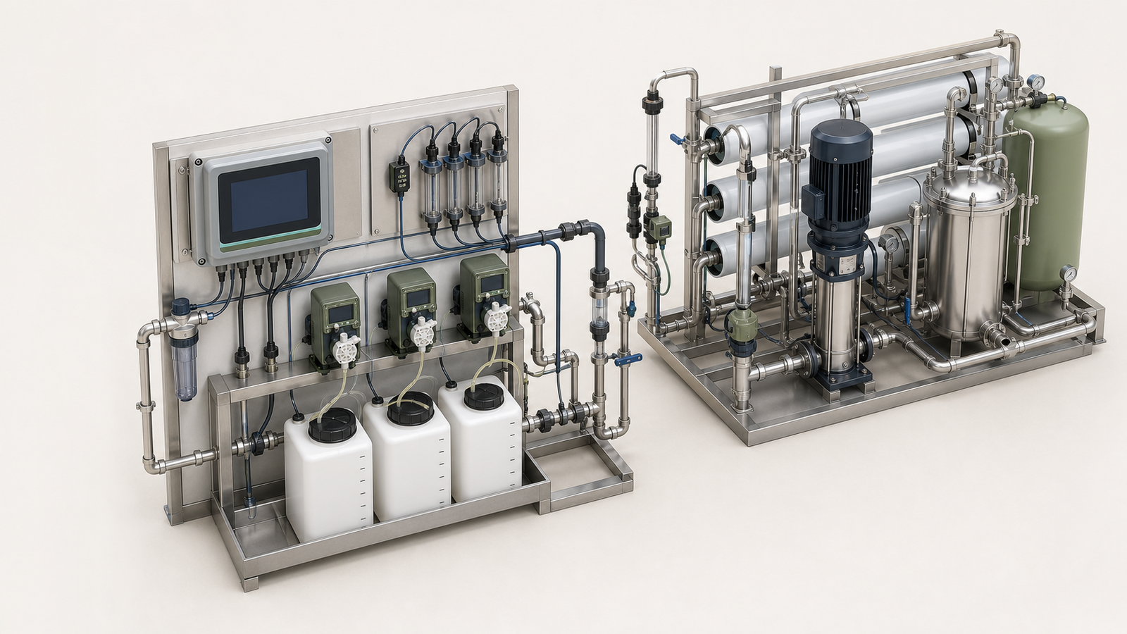Isometric online dosing system with E-Sense controller, sensor manifold, metering pumps, tanks and process skid