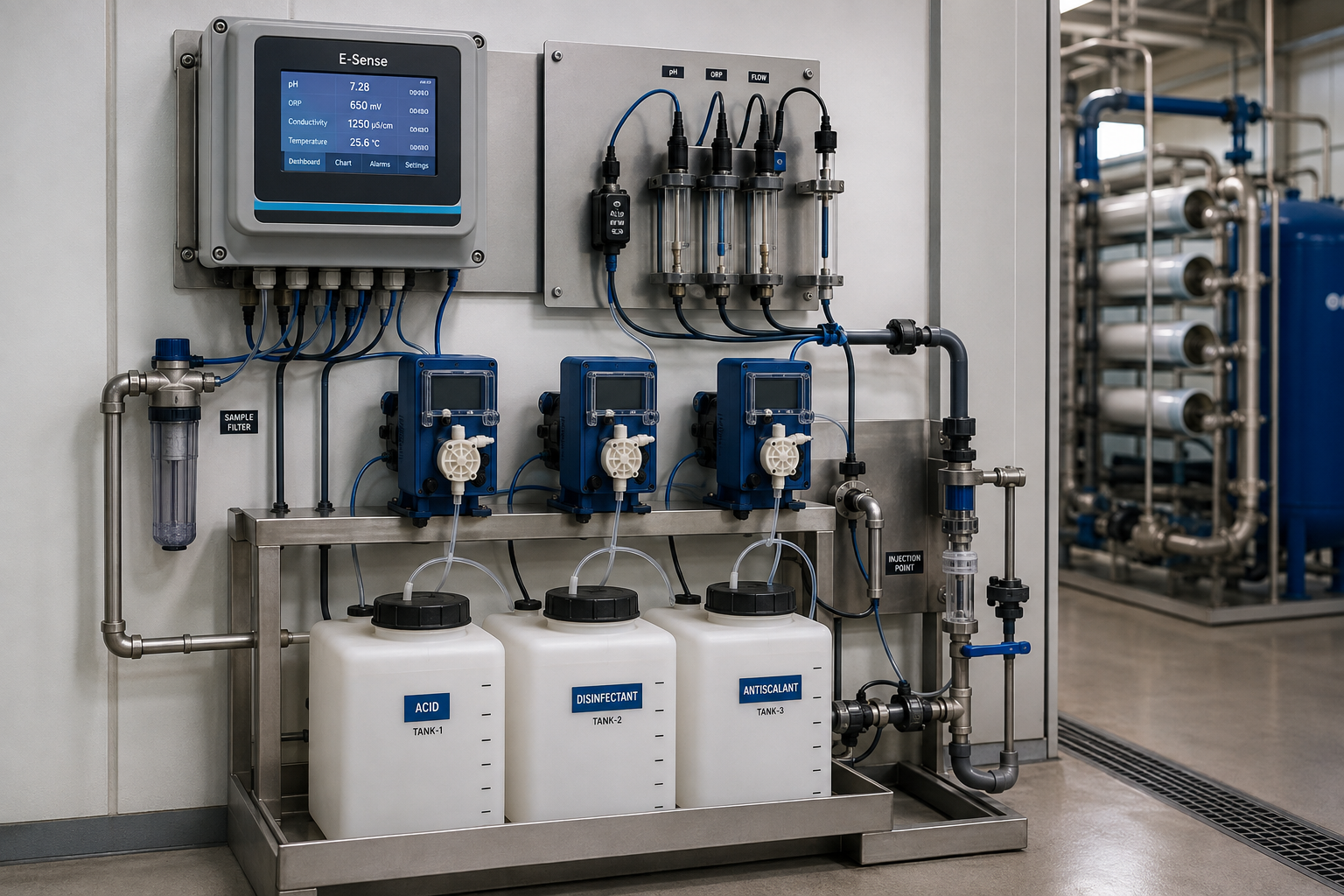 Industrial online dosing installation with E-Sense controller, sensors, metering pumps and chemical tanks